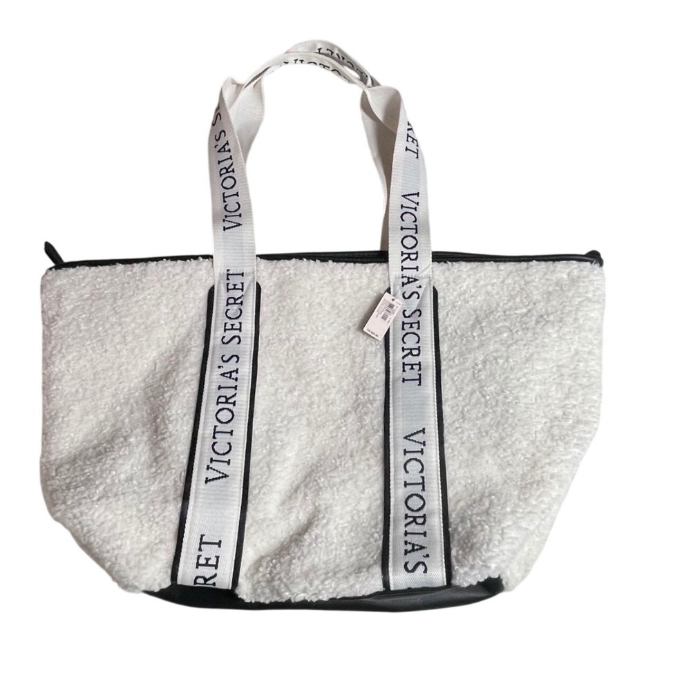 Victoria's Secret Sherpa Tote Bag White‎ Black Logo Carry zip nwt